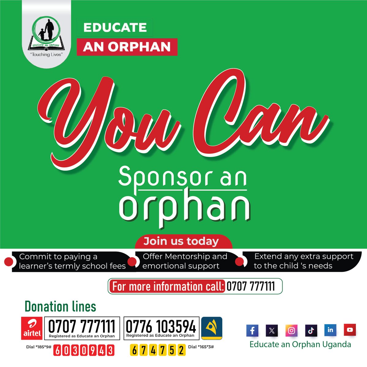 We invite you to participate in our #SponsorAnOrphan campaign. By sponsoring a child, you can provide them with the opportunity for education and a brighter future. Sponsorship options include: 500,000 UGX, 250,000 UGX, and 125,000 UGX per term. For more information, please