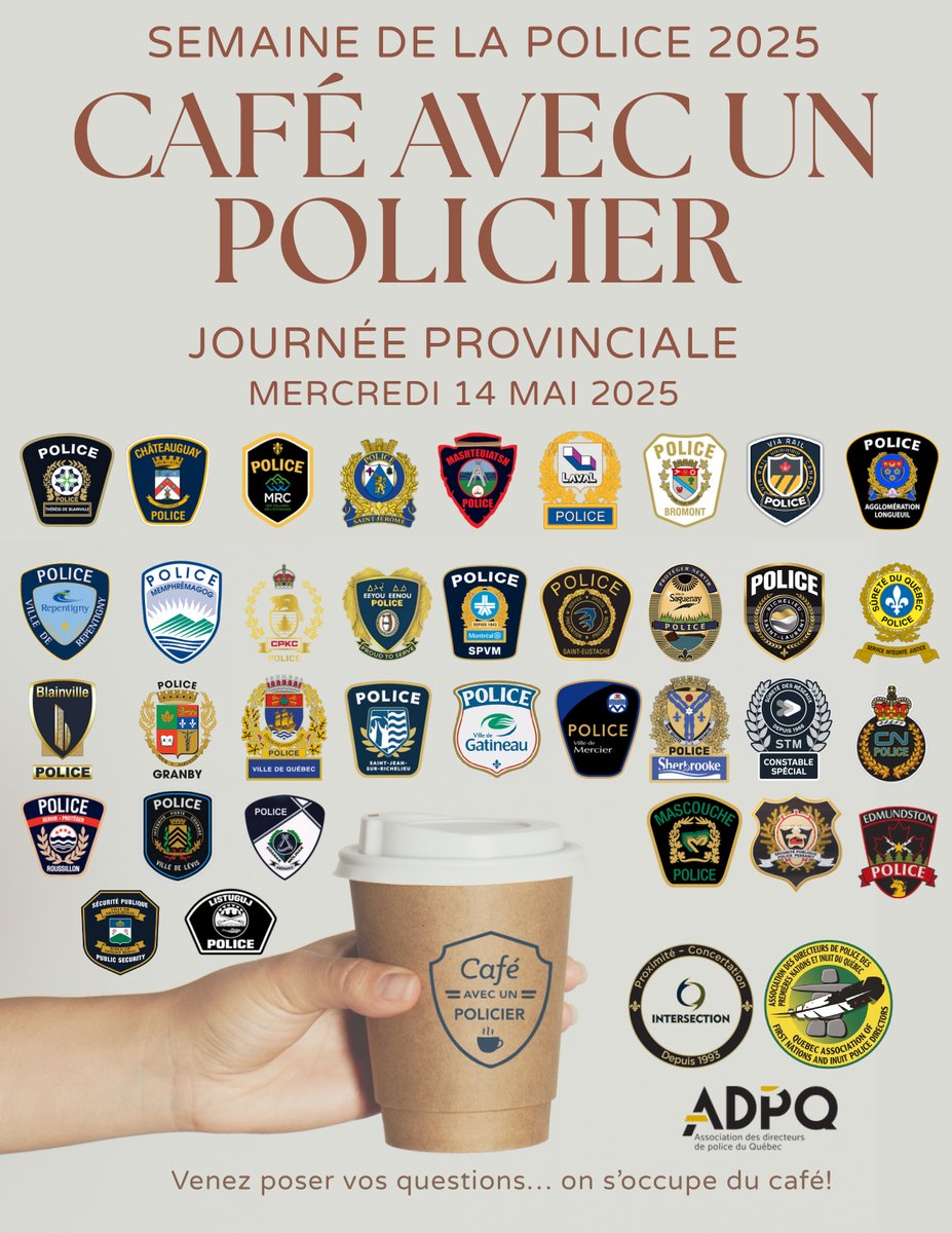 CAFÉ AVEC UN POLICIER | Pour se rapprocher des citoyens, la <a href="/riprsl/">Police Richelieu-Saint-Laurent</a> invite la population à « prendre un café » ce mercredi 14 mai à la 𝗴𝗮𝗿𝗲 𝗱𝗲 𝗦𝗮𝗶𝗻𝘁-𝗕𝗮𝘀𝗶𝗹𝗲-𝗹𝗲-𝗚𝗿𝗮𝗻𝗱 𝗲𝗻𝘁𝗿𝗲 𝟲 𝗵 𝟯𝟬 𝗲𝘁 𝟴 𝗵 𝟯𝟬 (heures de pointe). bit.ly/4iX3pej