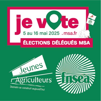 La FNSEA (@fnsea) on Twitter photo 🗳️🚜 𝗘́𝗹𝗲𝗰𝘁𝗶𝗼𝗻𝘀 𝗠𝗦𝗔 𝟮𝟬𝟮𝟱 : dernière ligne droite pour voter ❗Du 5 au 16 mai, les affiliés de la MSA élisent leurs 13 760 délégués pour 5 ans.
✊🚜 <a href="/JeunesAgri/">Jeunes Agriculteurs</a> et la #FNSEA portent une liste engagée pour faire avancer les droits des professionnels de 🗳️🚜 𝗘́𝗹𝗲𝗰𝘁𝗶𝗼𝗻𝘀 𝗠𝗦𝗔 𝟮𝟬𝟮𝟱 : dernière ligne droite pour voter ❗Du 5 au 16 mai, les affiliés de la MSA élisent leurs 13 760 délégués pour 5 ans.
✊🚜 <a href="/JeunesAgri/">Jeunes Agriculteurs</a> et la #FNSEA portent une liste engagée pour faire avancer les droits des professionnels de
