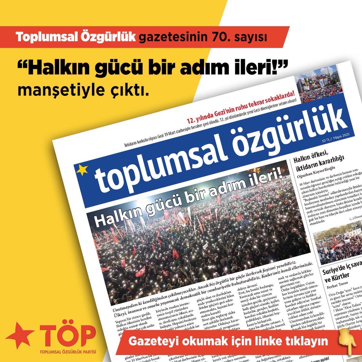 Toplumsal Özgürlük Gazetesi 70. sayısı çıktı. Gazeteyi parti bürolarından edinebilirsiniz.
Okumak için tıklayın 👇 
toplumsalozgurluk.org/wp-content/upl…