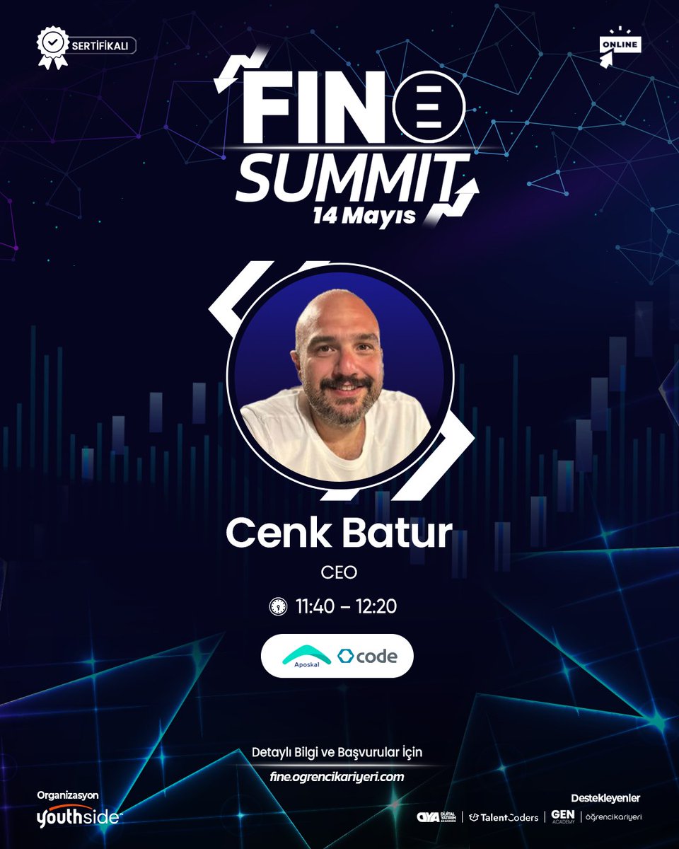 Öğrenci Kariyeri (@ogrencikariyeri) on Twitter photo Fin-e Summit, finans dünyasının lider isimlerini, geleceğin yatırımcılarıyla buluşturuyor! Tek bir dijital platformda gerçekleşecek bu ilham verici buluşmada siz de yerinizi alın.
<a href="/halukcenkbatur/">Cenk BATUR</a>'un da yer alacağı Fin-e Summit 14 Mayıs tarihinde düzenlenecek! Fin-e Summit, finans dünyasının lider isimlerini, geleceğin yatırımcılarıyla buluşturuyor! Tek bir dijital platformda gerçekleşecek bu ilham verici buluşmada siz de yerinizi alın.
<a href="/halukcenkbatur/">Cenk BATUR</a>'un da yer alacağı Fin-e Summit 14 Mayıs tarihinde düzenlenecek!