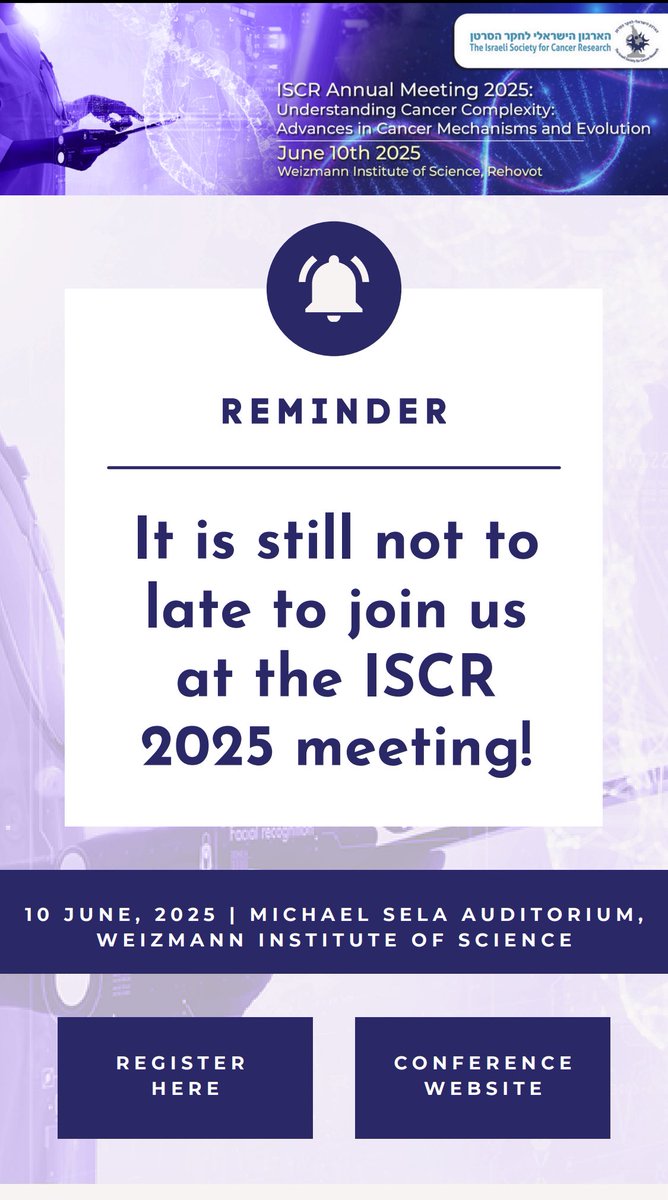 IscrFor's tweet image. Are you involved in #CancerResearch in Israel?
Then you must join us on June 10th for the ISCR Annual Meeting!!
You can still register and be part of the community and the latest research advances! ⏳👩🏻🔬🧪🧫