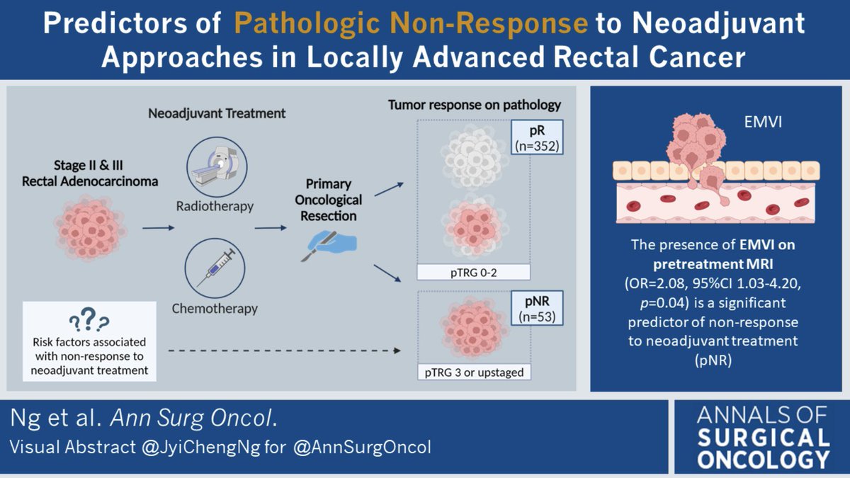 Jyi Cheng Ng (@jyichengng) on Twitter photo Key findings:
🚨 ~13% locally advanced rectal cancer pt were nonresponders
📉 Nonresponders had the worst outcomes
🔍 Pretreatment MR-EMVI predicts pNR
Next steps:
🤔 What can we do to improve their outcomes?
Grateful to 🧢 <a href="/DrDavidLarson/">David Larson, MD MBA</a> for his mentorship & my coauthors Key findings:
🚨 ~13% locally advanced rectal cancer pt were nonresponders
📉 Nonresponders had the worst outcomes
🔍 Pretreatment MR-EMVI predicts pNR
Next steps:
🤔 What can we do to improve their outcomes?
Grateful to 🧢 <a href="/DrDavidLarson/">David Larson, MD MBA</a> for his mentorship & my coauthors