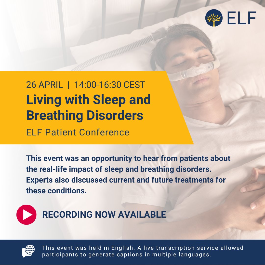 Interested in learning more about sleep and breathing disorders?

You can now watch a recording from the #ELFSleepandBreathing Patient Conference on our website and YouTube channel!

🔗 Watch the recording: europeanlung.org/en/get-involve…

<a href="/EuroRespSoc/">ERS</a>