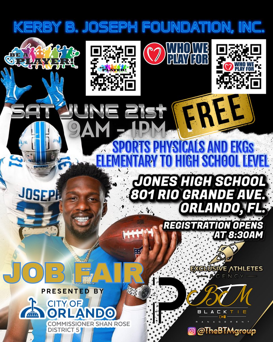 BTM Group (@blacktiemg) on Twitter photo #KERBYBJOSEPHFOUNDATIONINC #BeAplayer <a href="/WHOWEPLAYFOR/">Who We Play For</a> FREE Sports Physicals at Jones High School
801 Rio Grande Ave. Orlando 32805
6/21 9AM - 1PM
Scan QR Codes or Click Links for forms
Link 1: drive.google.com/drive/mobile/f…
Link 2 Registration: app.acuityscheduling.com/schedule.php?o…
#BlackTieMG #KERBYBJOSEPHFOUNDATIONINC #BeAplayer <a href="/WHOWEPLAYFOR/">Who We Play For</a> FREE Sports Physicals at Jones High School
801 Rio Grande Ave. Orlando 32805
6/21 9AM - 1PM
Scan QR Codes or Click Links for forms
Link 1: drive.google.com/drive/mobile/f…
Link 2 Registration: app.acuityscheduling.com/schedule.php?o…
#BlackTieMG