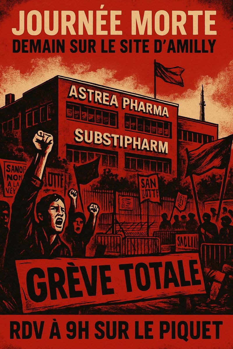 Demain 14 mai 2025, grès totale sur le site d'Amilly contre la cession du site Sanofi à Astréa Pharma et Substipharm.

#CGTSANOFI  #cgtsanofifrance  #Sanofi