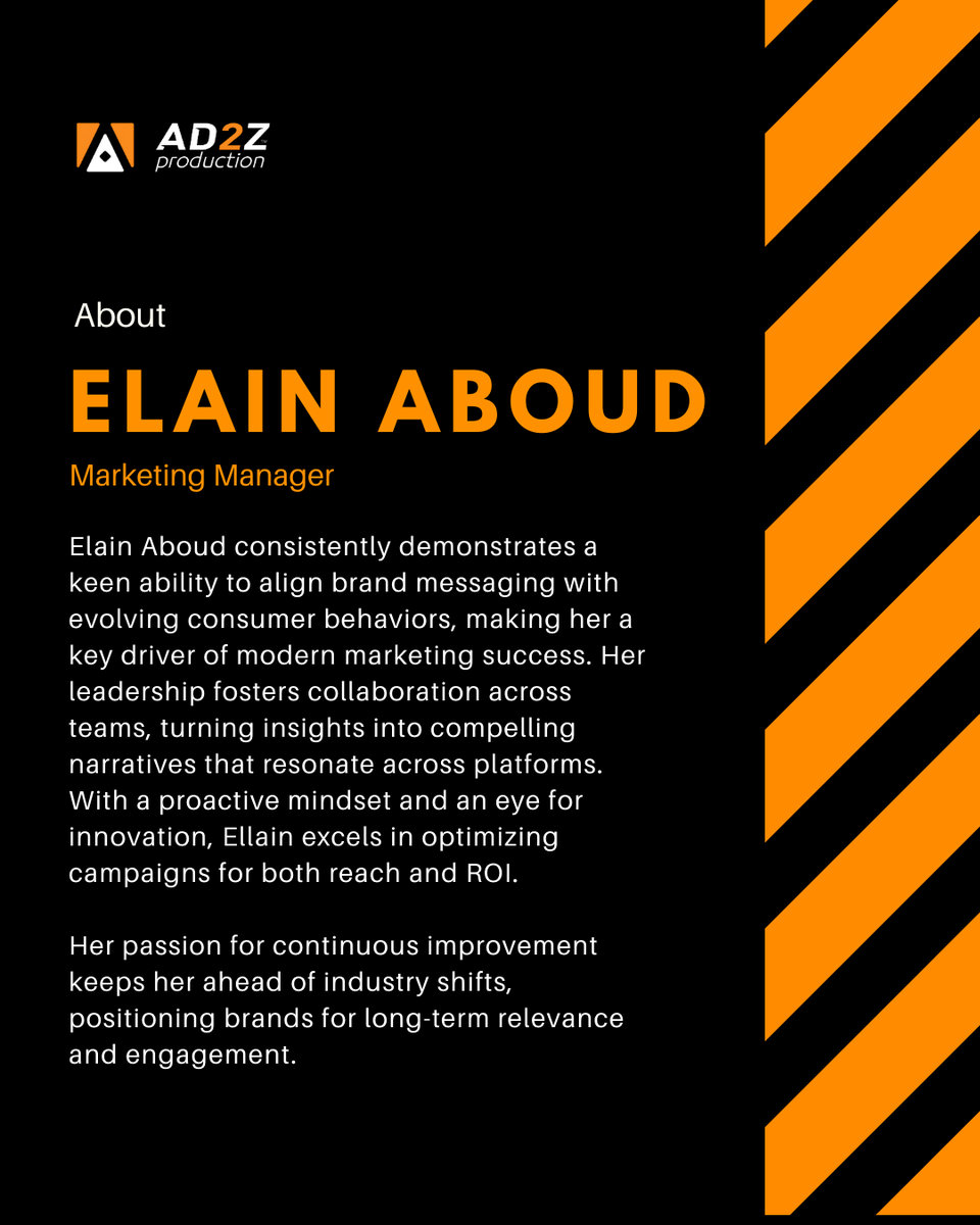 AD2Z_Media's tweet photo. Meet Elain Aboud, the creative force driving marketing at AD2Z Production! From strategy to storytelling, she’s elevating brands across the GCC.
#MeetTheTeam #MarketingExcellence #TeamAD2Z #WomenInMarketing https://t.co/scuV2kck49