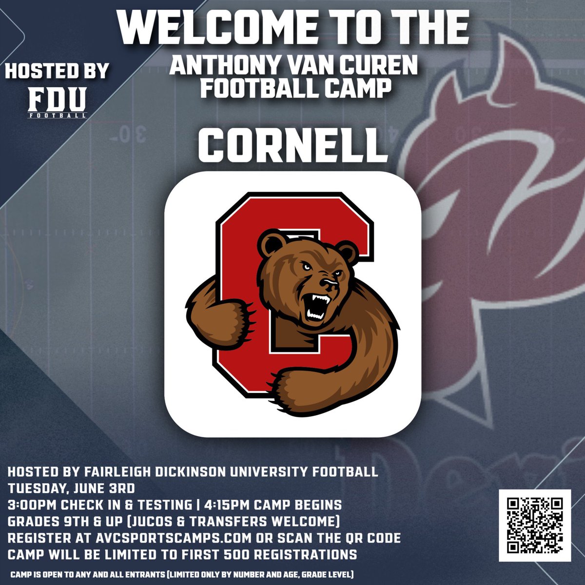 Anthony Van Curen (@coachavc_fdu) on Twitter photo Welcome back Cornell (<a href="/BigRed_Football/">Cornell Football</a>) and their staff to camp!
🏈 AVC Football Camp
🗓 Tuesday, June 3rd
Officially 3️⃣ weeks to camp. Space is limited so make sure to register ⬇️
🔗avcsportscamps.com
Grades: 9th-Post Grad (JUCO & Transfers)
🔱🔥🤘 <a href="/FDUFootball/">FDU Football</a> Welcome back Cornell (<a href="/BigRed_Football/">Cornell Football</a>) and their staff to camp!
🏈 AVC Football Camp
🗓 Tuesday, June 3rd
Officially 3️⃣ weeks to camp. Space is limited so make sure to register ⬇️
🔗avcsportscamps.com
Grades: 9th-Post Grad (JUCO & Transfers)
🔱🔥🤘 <a href="/FDUFootball/">FDU Football</a>