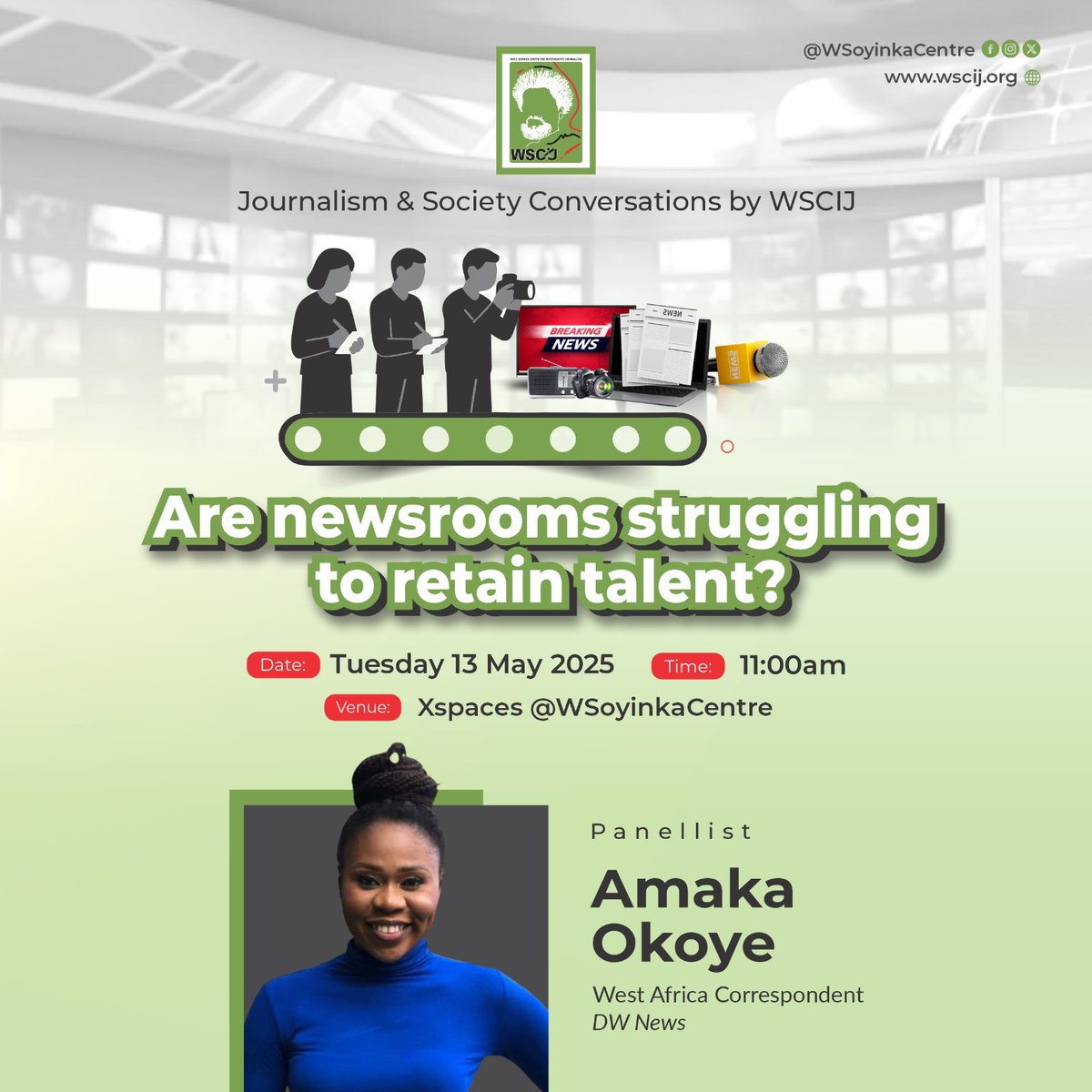 #WSCIJConversations 
<a href="/aamakaokoye/">amaka okoye</a> drew the parallel between foreign &amp; local media. Unlike local media, she said foreign media trust talents to deliver on tasks, job is secure &amp; freelancing is normalised. She charged local media to prioritise wellbeing &amp; adopt new ways of working.