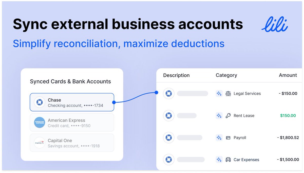 Bring all your business transactions into one place with Lili! You’ve already been able to sync your business credit cards—now you can connect your external bank accounts too. With everything in one place, every transaction is tracked, categorized, and ready for tax time.