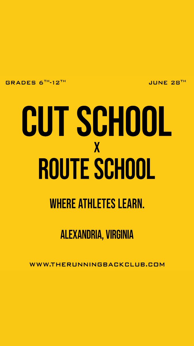 CUT SCHOOL ‘25 Tour is the premier offensive skills camp that features the next ( best ) RBs, WRs &amp; TEs ( QBs are invited too ). 

June 28th !!! 

Alexandria, Virginia!!!

Middle School - High School Athletes 

Register below 

form.jotform.com/250894038907163