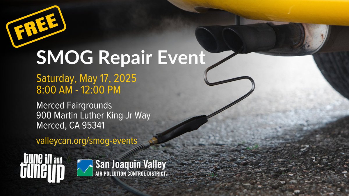 Merced residents, join Valley CAN hosting a FREE smog repair event on Saturday, May 17, 2025, from 8:00 a.m. to 12:00 p.m. at the Merced Fairgrounds, located at 900 Martin Luther King Jr. Way Merced, CA 95341