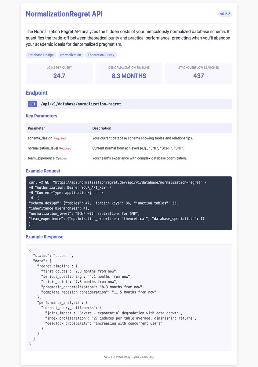 DailyMCP's tweet photo. GET /api/v1/database/normalization-regret

Calculates how quickly you'll regret over-normalizing your database schema for that "perfect" design.

Fifth normal form, first-degree performance problems.
#DataEngineering #Database #Normalization #DatabaseDesign