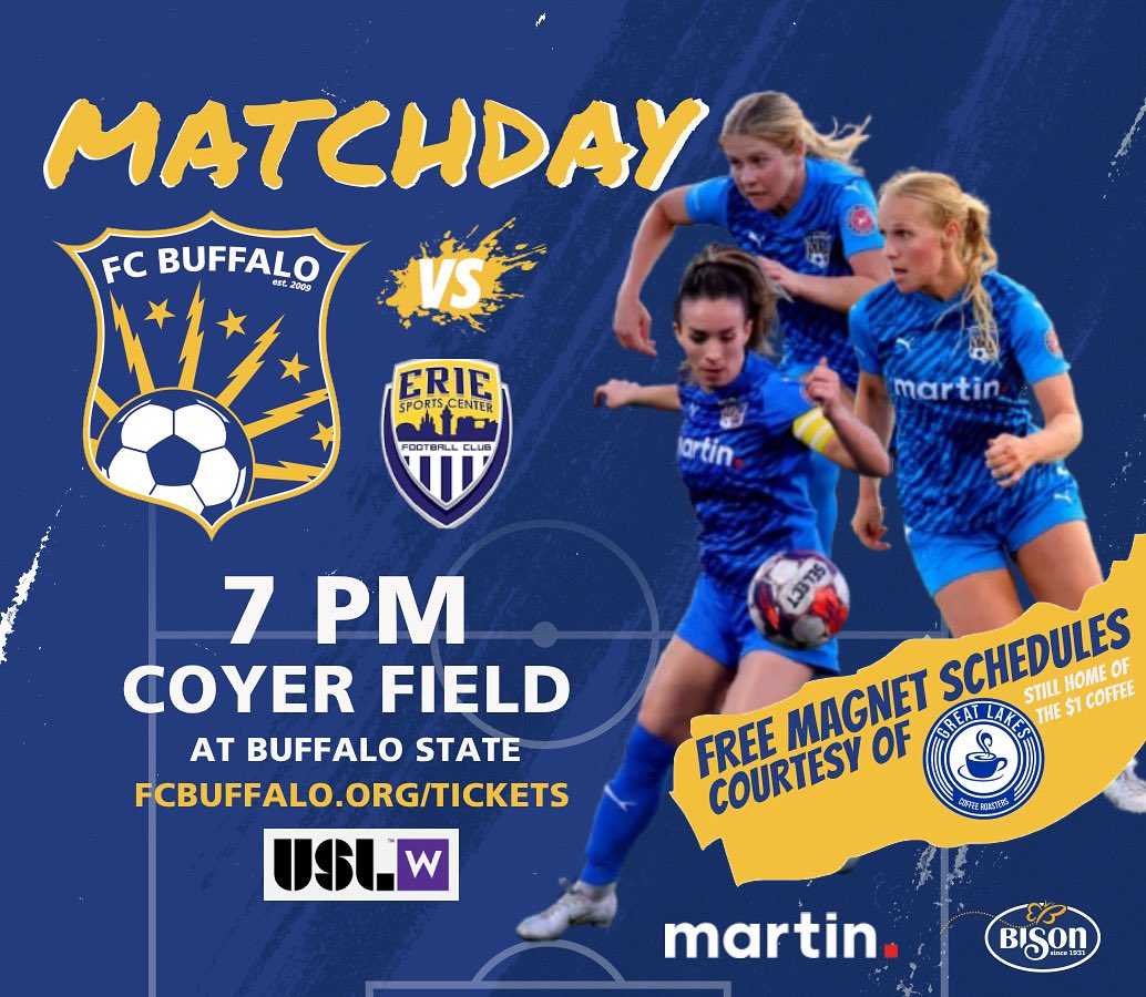 The @uslwleague era starts TONIGHT

Support #Buffalo’s women as they take on Erie SCFC at Coyer Field at Buff State.

Great food from Chartwells, and free magnet schedules while supplies last courtesy of @glakescoffee 

Let’s go Buffalo. #forourcity 🔵🟡🦬