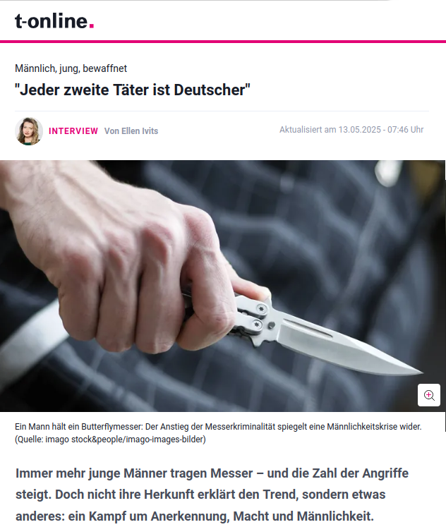 Weidel spricht von „alimentierten Messermännern“ – und meint Geflüchtete.
Doch jeder zweite Tatverdächtige bei Messerangriffen ein Deutscher. Vielleicht fangen wir an, über toxische Männlichkeit statt Herkunft zu reden.

#FaktenstattHetze #Messerkriminalität