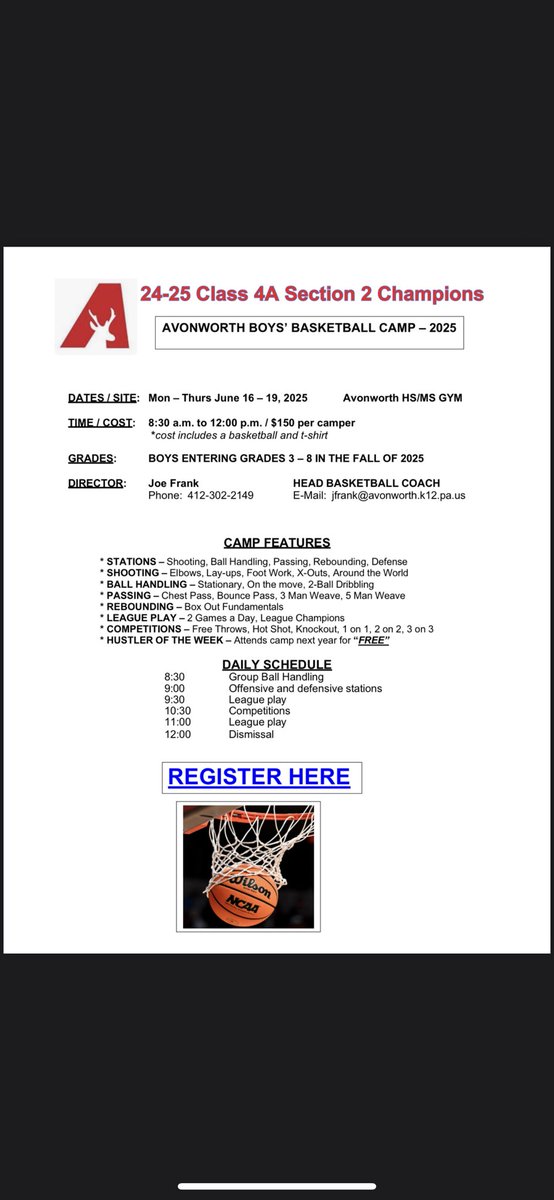 Avonworth Boys Basketball Camp
🗓️- June 16-19 
⏰- 8:30am-12pm
📍- Avonworth High School

Sign up now- docs.google.com/forms/d/e/1FAI…
