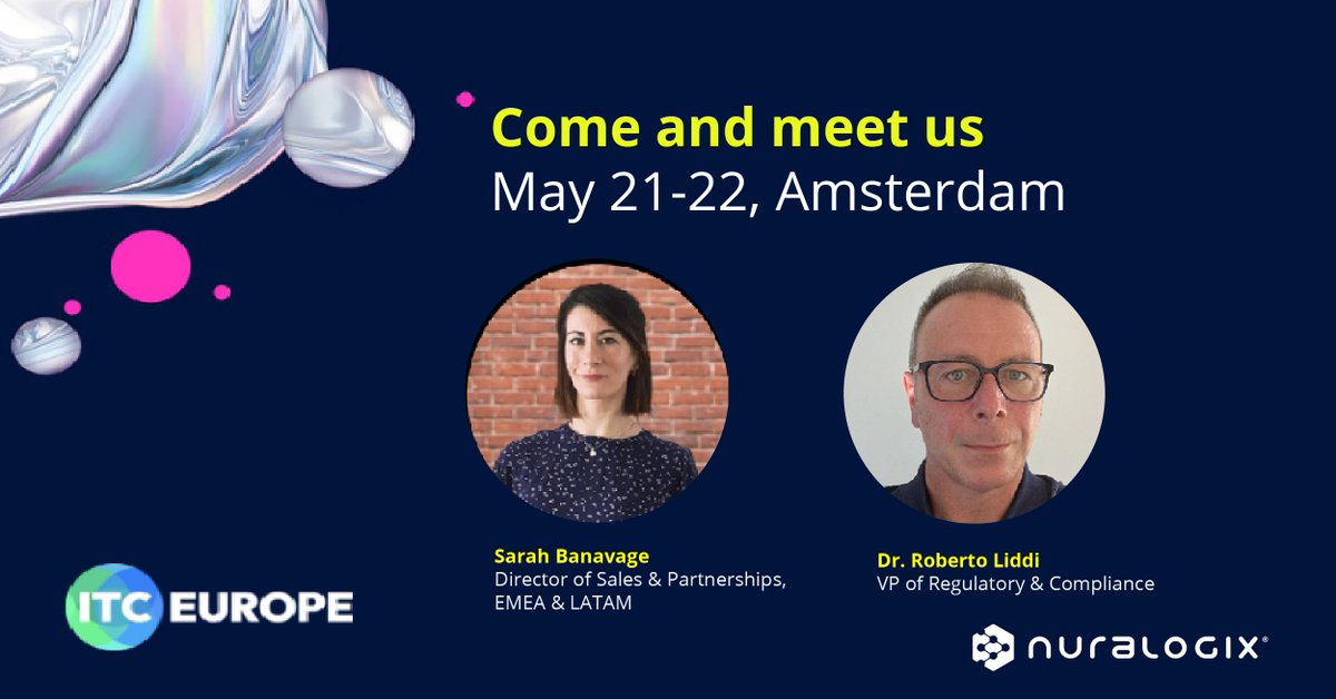 1 week to go until #ITC2025 Europe! 🎉
Join us at Booth 10 at the stunning Taets Art &amp; Event Park in Amsterdam.
Meet Sarah Banavage &amp; Dr. Roberto Liddi from NuraLogix!

📅 May 21–22
🔗 Book a 1:1: bit.ly/3GLXETE
#ITCeurope #insurance #digitalhealth