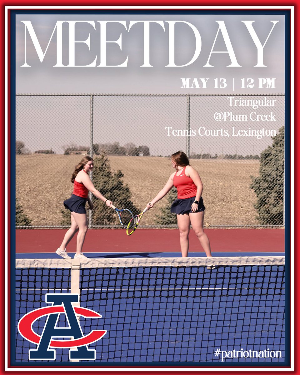 🎾 Tennis Match Day! 🎾

📍Plum Creek Tennis Courts, Lexington
📅 Tuesday, May 13
🕒 12:00 pm
#PatriotNation

＊Graphic credit- Addi Ackles, senior; edits- Yarethzi Lom, junior