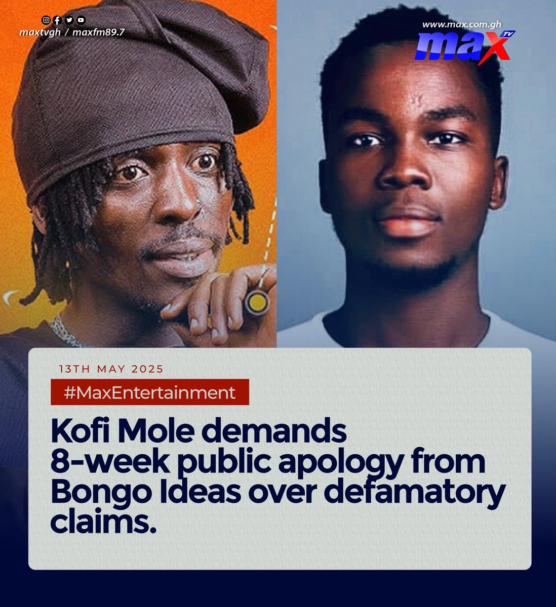 maxtvgh's tweet photo. Kofi Mole demands 8-week public apology from Bongo Ideas over defamatory claims
#MaxEntertainment #eQuick #MaxTV #BongoIdeas https://t.co/dZCmEHMbUe