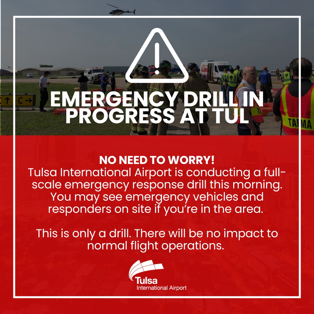 TUL is conducting a full-scale emergency response exercise this morning, starting at 9 a.m. with several dozens of partner organizations.You may notice a large presence of emergency responders.

 ✈️ Flights are operating normally and will not be impacted.