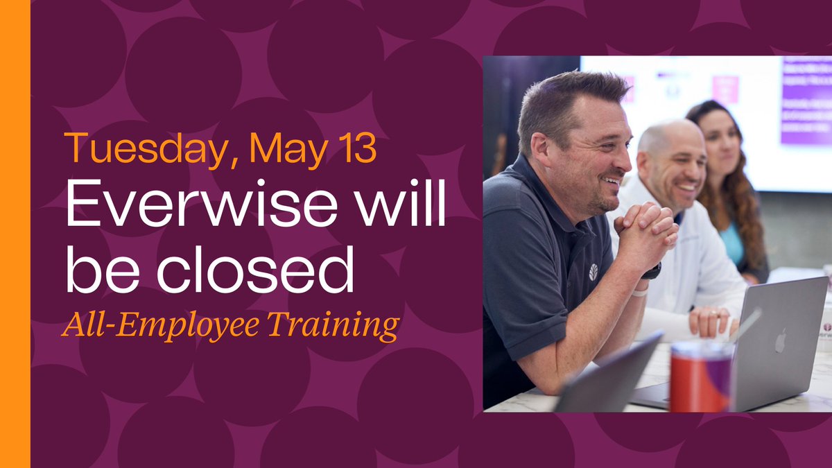As a reminder, all Everwise branches are closed today for an All-Employee Training Session. You can still access your accounts through online banking or the Everwise Mobile app, and our Member Services team is here to assist you at (800) 552-4745 from 7 a.m. to 7 p.m.