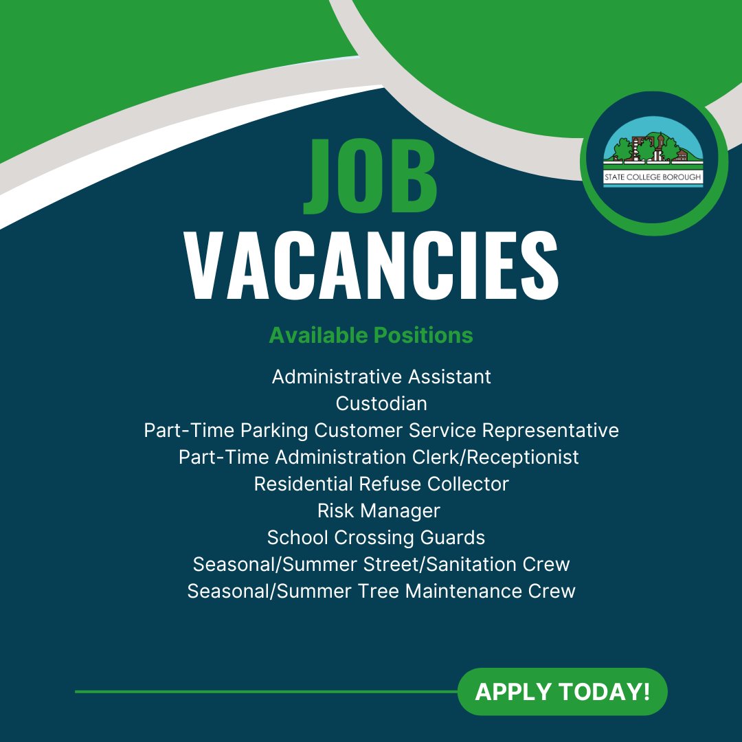 If you're looking for a career in local government, consider applying to work for the State College Borough.

➜ Apply today at …collegeboroughpa.munisselfservice.com/ess/employment…
