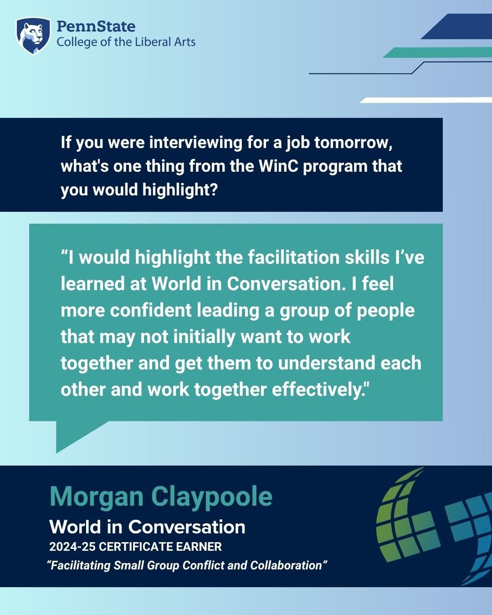 Meet Morgan Claypoole—graduating with a degree in Chemistry and a minor in Sociology, and a #WinC certificate in Facilitating Small Group Conflict and Collaboration.
~150 hours of facilitation practicum = a standout skill set for leading effective collaboration across divides.