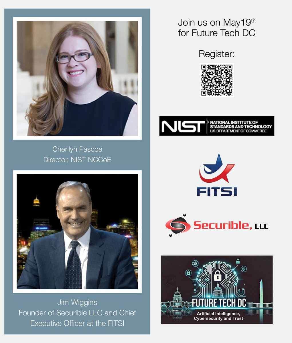 🚨 #FutureTech is Almost Here! 🚨

Join us on May 19 for a powerful Fireside Chat:
Securing the Future: NIST NCCoE, AI &amp; Emerging Tech
w/ Cherilyn Pascoe (<a href="/NIST/">National Institute of Standards and Technology</a>) &amp; <a href="/JimWiggins99/">Jim Wiggins</a> (<a href="/Securible/">Securible, LLC</a>, @FTSI_News)

🔗 Register now: isaca-gwdc.org/event/future-t…