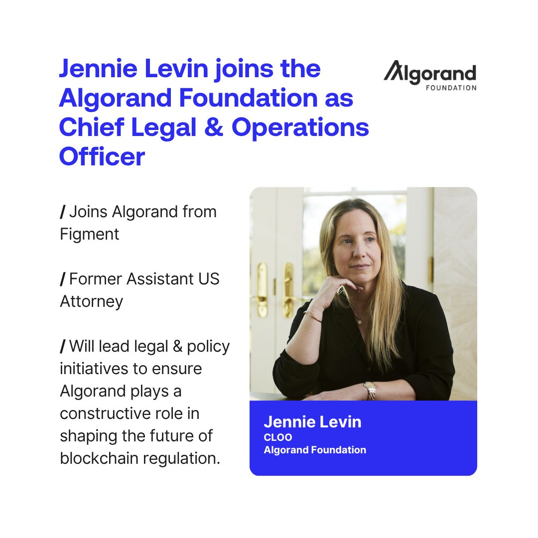 Exciting news for the Algorand community!

Jennie Levin joins as Chief Legal &amp; Operations Officer, bringing top-tier regulatory expertise, extensive U.S. policy experience, and strong connections in Washington, D.C.

Jennie will lead our legal and policy initiatives to ensure