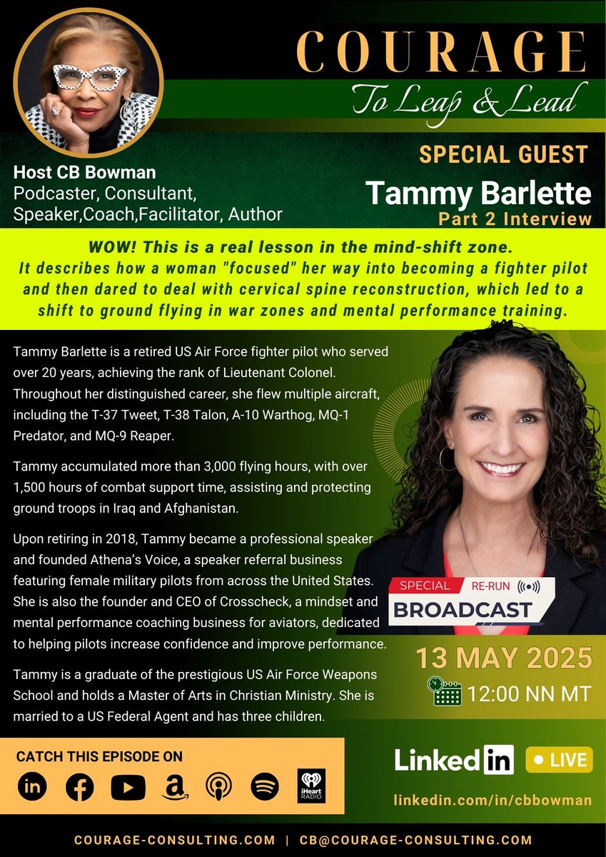 █▓▒▒░░░SPECIAL RE-AIRING░░░▒▒▓█
TODAY on Courage to Leap and Lead!  Tammy Barlette!
#couragetoleapandlead #cbbowman #courage #courageconsultant #courageous #courageousleadership #leadership #leadershipdevelopment #csuite #leadershipcoaching #leadershipjourney