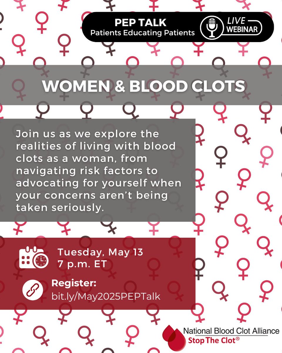 NBCA (@stoptheclot) on Twitter photo HAPPENING TONIGHT: Women face risks when it comes to blood clots, especially during pregnancy, postpartum, or when using hormonal birth control or HRT. Join us TONIGHT for our May PEP Talk on women and blood clots with <a href="/annap_MD/">Anna Parks</a>.
๐ Register: bit.ly/May2025PEPTalk HAPPENING TONIGHT: Women face risks when it comes to blood clots, especially during pregnancy, postpartum, or when using hormonal birth control or HRT. Join us TONIGHT for our May PEP Talk on women and blood clots with <a href="/annap_MD/">Anna Parks</a>.
๐ Register: bit.ly/May2025PEPTalk