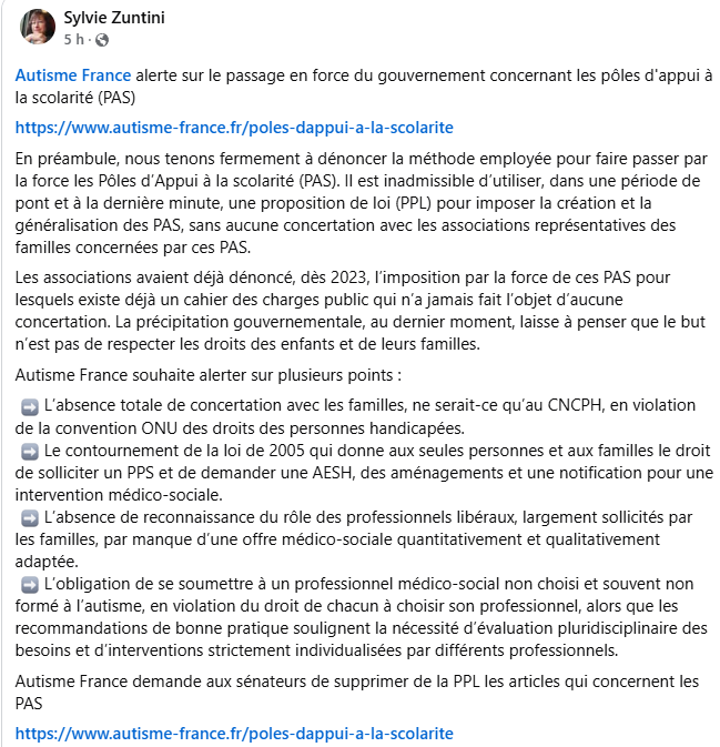 AUTISME FRANCE alerte sur le passage en force du gouvernement concernant les pôles d'appuis à la scolarité (PAS). <a href="/LaforcadeV/">Laforcade Virginie</a> <a href="/l_amf/">AMF | Association des maires de France</a> <a href="/AutismEurope/">Autism-Europe</a> <a href="/AutismeInfo/">autisme info</a> <a href="/CGardou/">Charles Gardou</a> <a href="/tay_loup/">TaylAur 🦋</a> <a href="/inclusion_in_fr/">UN CRPD Disability Rights Advocacy</a> <a href="/ulysseautisme/">La lettre d'Ulysse</a> <a href="/CREAIidfOff/">CREAI Ile de France</a> <a href="/isasantiago_94/">Isabelle Santiago</a> <a href="/battutm/">Battut Mireille</a> <a href="/BrittiaGUIRIEC/">Brittia GUIRIEC</a> <a href="/anaerevue/">catherine de Gavre</a>