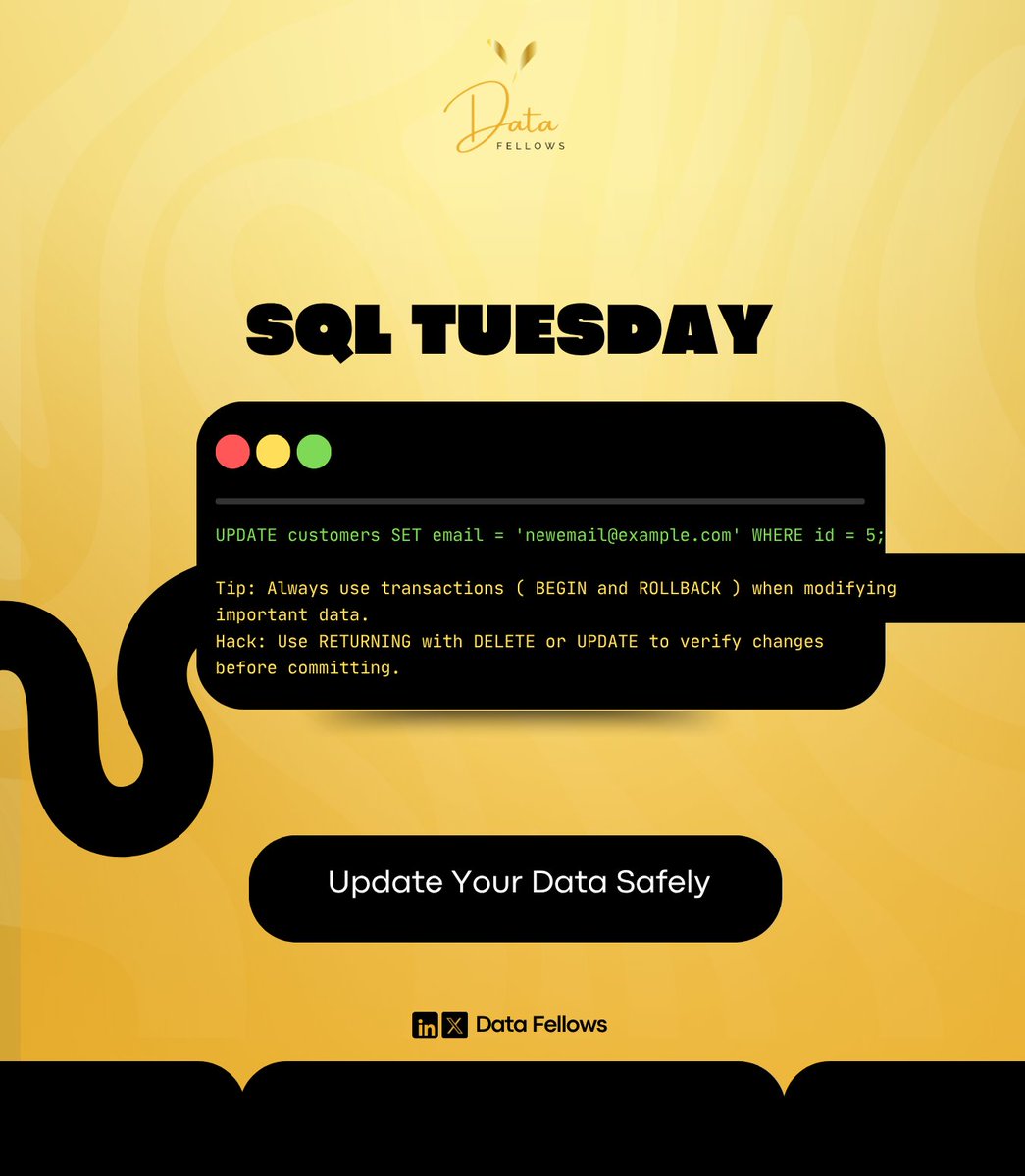 DatafellowsInfo's tweet image. SQL Tip: Always use WHERE in DELETE or UPDATE to avoid accidental data loss.
Wrap changes in BEGIN...ROLLBACK, and use RETURNING to preview results before committing.

--
#SQLTuesday #radiation #LearnSQL #Tory
#Powermeetsinnovation #mistakenly