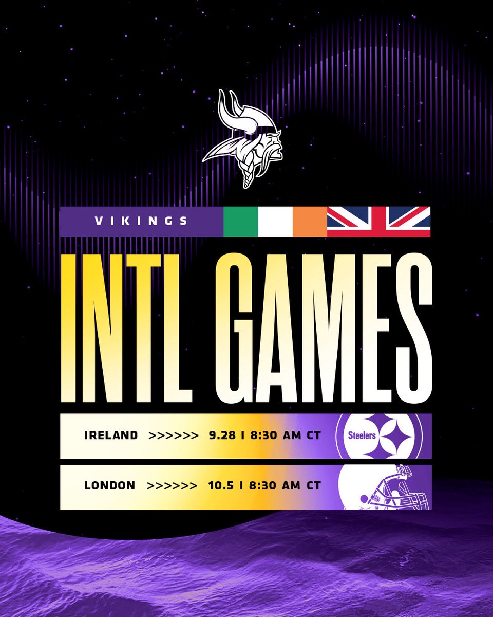 Minnesota Vikings (@vikings) on Twitter photo Dublin then London! 🇮🇪🇬🇧
The #Vikings will become the first NFL team to play in back-to-back international games in different countries in 2025.
Mnvkn.gs/international Dublin then London! 🇮🇪🇬🇧
The #Vikings will become the first NFL team to play in back-to-back international games in different countries in 2025.
Mnvkn.gs/international