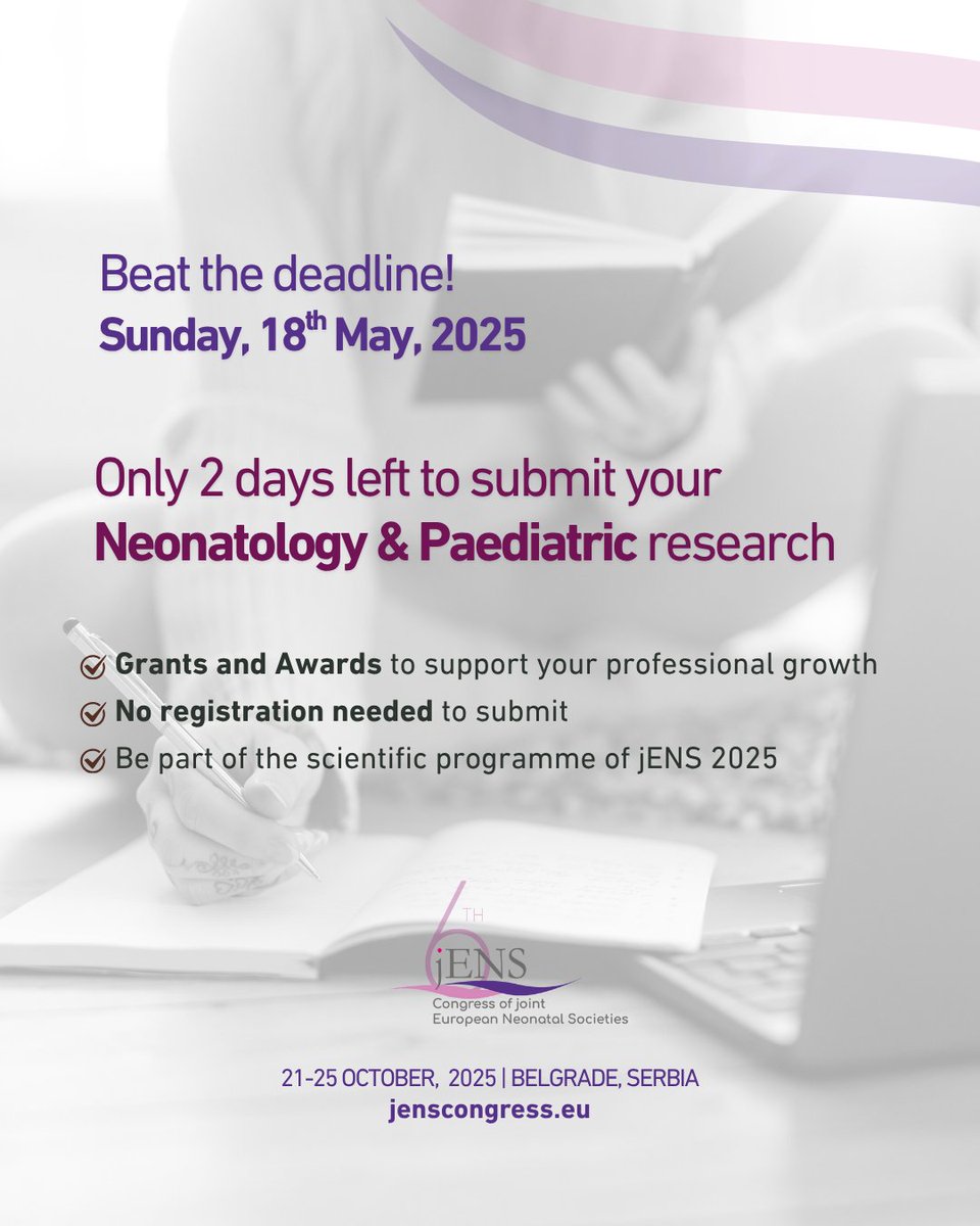 JENS_Congress's tweet image. Beat the deadline - Sunday, 18 May! Get ready to present your abstract at #jENScongress, and win one of the prestigious grants and awards to support your professional growth.
📣No registration needed to submit!
Submit here✅: bit.ly/jENS-ABSTRACT
@ESPR_ESN @gfcni_newborn