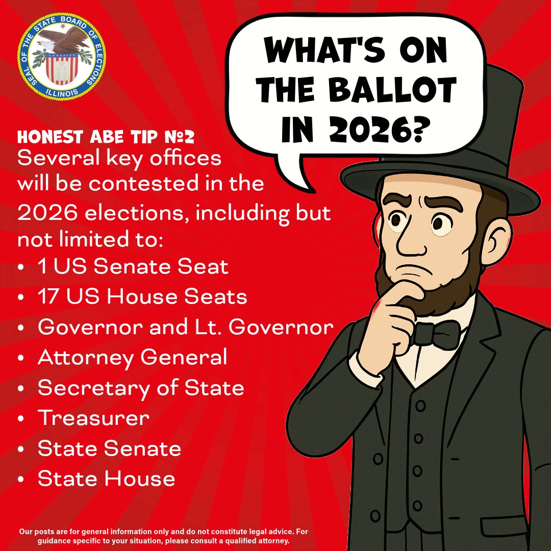 🗳️ What’s on the ballot in 2026?
 Honest Abe’s got the scoop! 🇺🇸
 Key races include:
 ✔️ US Senate &amp; House
 ✔️ Governor &amp; Lt. Gov
 ✔️ Attorney General
 ✔️ Statewide offices &amp; more!
📘 More details coming in our 2026 Candidate Guide—available later this summer!
#Election2026