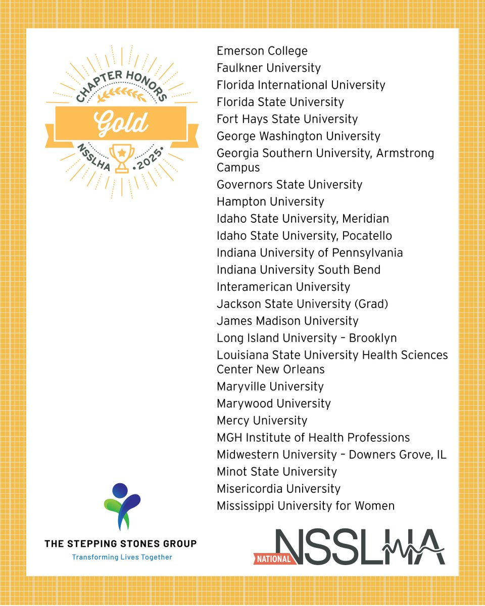 NSSLHA's tweet image. 📣 Shoutout to the 2025 NSSLHA National Gold Chapter Honors recipients! 🥇📣
Thank you to @SSG_Careers for sponsoring a commemorative gold pin for each Gold Chapter member and advisor!
#NSSLHAstrong #csd #slp2b #aud2b