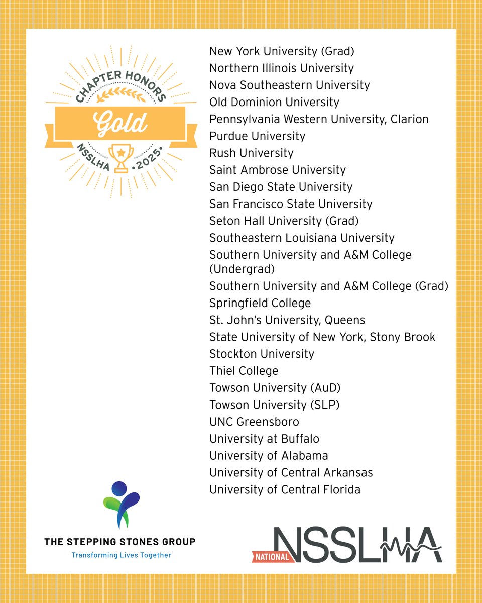 NSSLHA's tweet image. 📣 Shoutout to the 2025 NSSLHA National Gold Chapter Honors recipients! 🥇📣
Thank you to @SSG_Careers for sponsoring a commemorative gold pin for each Gold Chapter member and advisor!
#NSSLHAstrong #csd #slp2b #aud2b