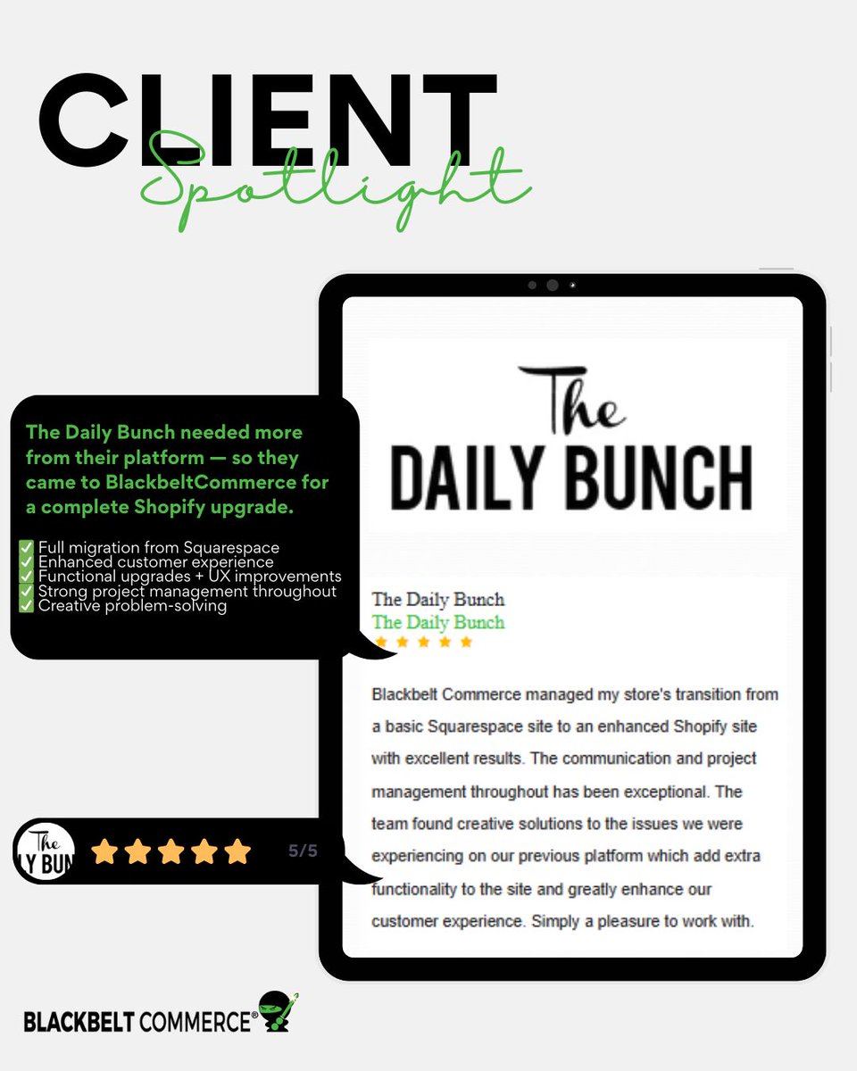 BBCommerce2017's tweet image. 💬 Client Review: The Daily Bunch swapped Squarespace for Shopify — the right way.
✅ Full migration
✅ UX upgrades
✅ Smooth project management
We make platform moves stress-free.
📩 Ready to switch? Link in bio.
#ShopifyExperts #BlackbeltCommerce #PlatformMigration