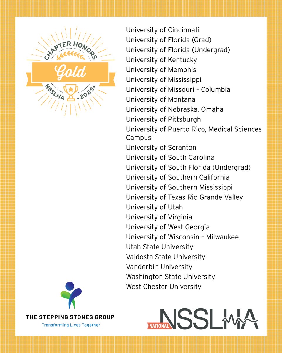 NSSLHA's tweet image. 📣 Shoutout to the 2025 NSSLHA National Gold Chapter Honors recipients! 🥇📣
Thank you to @SSG_Careers for sponsoring a commemorative gold pin for each Gold Chapter member and advisor!
#NSSLHAstrong #csd #slp2b #aud2b
