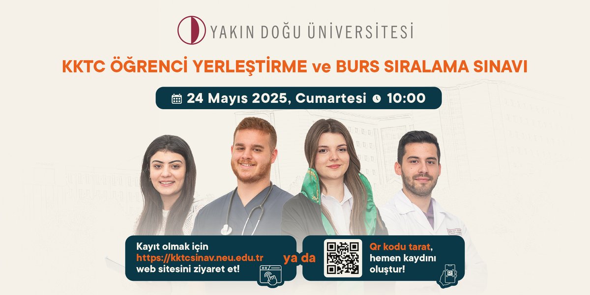 KKTC Öğrenci Yerleştirme ve Burs Sıralama Sınavı 24 Mayıs, Cumartesi Günü saat 10.00’da yapılacak.
Kayıt olmak için kktcsinav.neu.edu.tr web sitesini ziyaret et ya da qr kodu tarat!

#yakındoğuüniversitesi #neareastuniversity #neu #ydü #nicosia #lefkoşa #kıbrıs #cyprus #burs