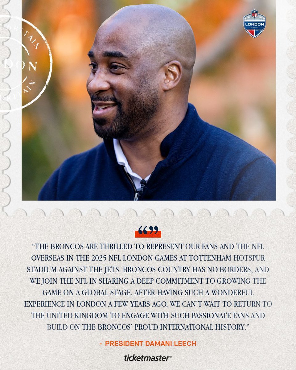 Denver Broncos (@broncos) on Twitter photo “#BroncosCountry has no borders, and we join the NFL in sharing a deep commitment to growing the game on a global stage."
President <a href="/dleech9/">Damani Leech</a> on playing in London: “#BroncosCountry has no borders, and we join the NFL in sharing a deep commitment to growing the game on a global stage."
President <a href="/dleech9/">Damani Leech</a> on playing in London: