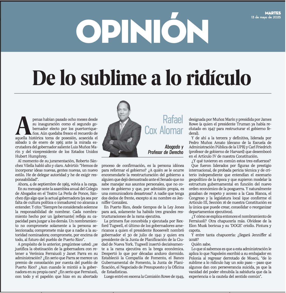 Rafael Cox Alomar (@rcoxalomar) on Twitter photo ¿Y cómo se explica entonces el nombramiento de Ferraiuoli? Otra chapucería más. Olvídese de la Elon Musk boricua y su ‘DOGE’ criollo. Pintura y capota.
Hoy en <a href="/ElNuevoDia/">El Nuevo Día</a>. ¿Y cómo se explica entonces el nombramiento de Ferraiuoli? Otra chapucería más. Olvídese de la Elon Musk boricua y su ‘DOGE’ criollo. Pintura y capota.
Hoy en <a href="/ElNuevoDia/">El Nuevo Día</a>.