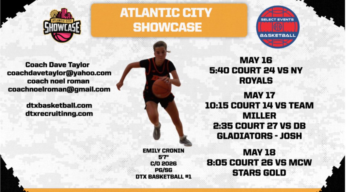 Emily Cronin (@emily_cronin01) on Twitter photo Here is my schedule for @selecteventsBB Atlantic City Showcase this weekend in Atlantic City, NJ. I’m looking forward to a great weekend.
<a href="/DTXBasketball/">DTX BASKETBALL</a>
<a href="/CoachNoelroman/">Noel Roman</a>
<a href="/DTX_Recruiting/">DTX Recruiting - Connecticut</a>
<a href="/BashHoopsNE/">Bash Hudson</a>
<a href="/HerHoopsNetwork/">Her Hoops Network</a> Here is my schedule for @selecteventsBB Atlantic City Showcase this weekend in Atlantic City, NJ. I’m looking forward to a great weekend.
<a href="/DTXBasketball/">DTX BASKETBALL</a>
<a href="/CoachNoelroman/">Noel Roman</a>
<a href="/DTX_Recruiting/">DTX Recruiting - Connecticut</a>
<a href="/BashHoopsNE/">Bash Hudson</a>
<a href="/HerHoopsNetwork/">Her Hoops Network</a>