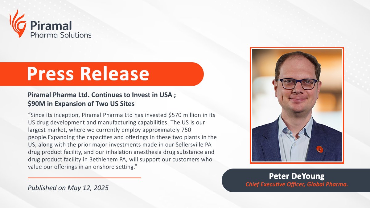 Piramal Pharma Limited announces $90M U.S. investment at #SelectUSA 2025 🇺🇸

🔹 Commercial-scale sterile injectables in Lexington, KY
🔹 Development + commercial payload-linker capabilities for bioconjugates in Riverview, MI

🔗 bit.ly/43cDMAj