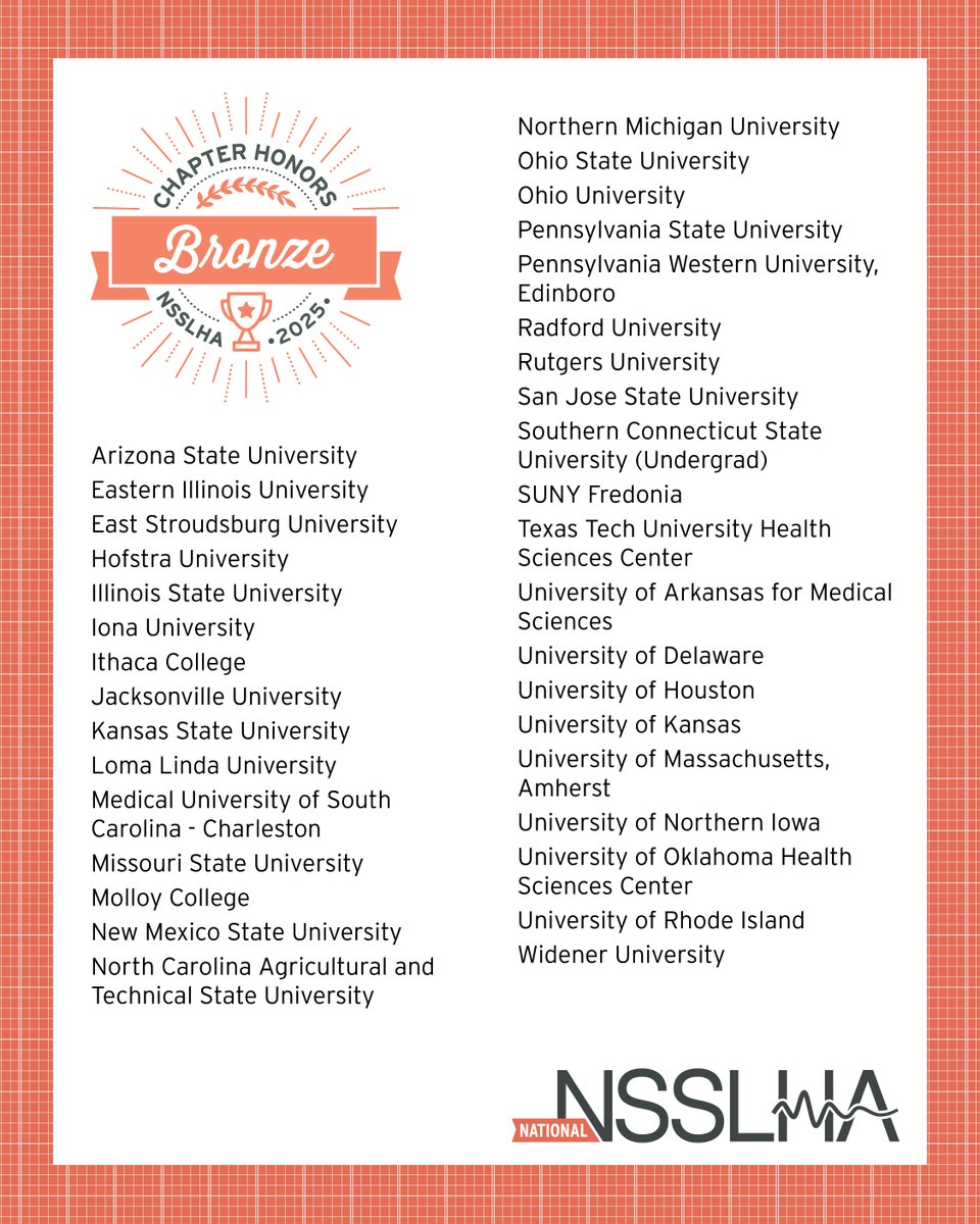 NSSLHA's tweet image. 🎉 Let's give it up for our 2025 Bronze Chapter Honors recipients! Here's to a great 2024-2025 school year!
#NSSLHAstrong #csd #slp2b #aud2b