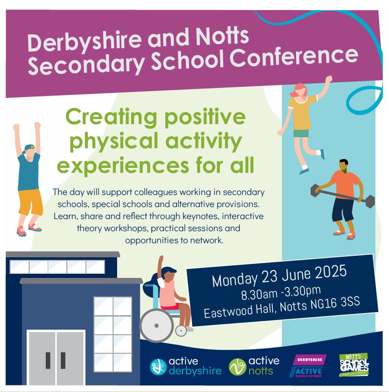 Active Derbyshire (@activederbys) on Twitter photo Book now for the Derbyshire and Notts Secondary School Conference – Creating positive physical activity experiences for all
For colleagues working in secondary schools, special schools and alternative provisions.
Monday 23 June <a href="/EastwoodHall/">Eastwood Hall</a>
tinyurl.com/2enxrwdn Book now for the Derbyshire and Notts Secondary School Conference – Creating positive physical activity experiences for all
For colleagues working in secondary schools, special schools and alternative provisions.
Monday 23 June <a href="/EastwoodHall/">Eastwood Hall</a>
tinyurl.com/2enxrwdn