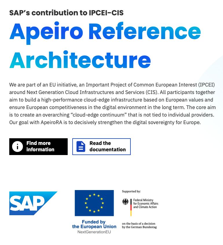 Missed our webinar on Apeiro Reference Architecture and Digital Sovereignty for Europe?

🎥 The recording is now live! Dive into how #ApeiroRA &amp; the #NeoNephos Foundation are powering open source innovation across 🇪🇺.
🔗 sap.to/6017NX55v.
#DigitalSovereignty #SAPOpenSource