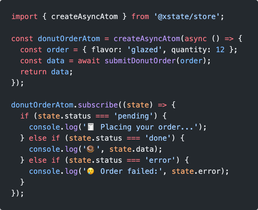 ⚛️ XState Store now has atoms, and they're *really* simple.

→ atom.get()
→ atom.set(…)
→ Derived atoms (reactive)
→ Async atoms
→ Stores are atoms too!

npm i @xstate/store