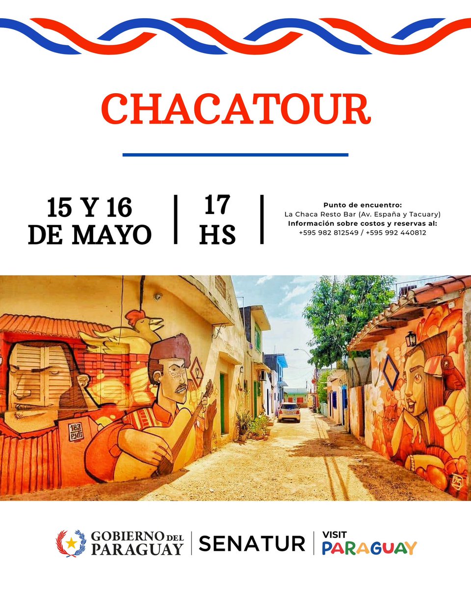 🇵🇾✨ ¡Descubrí el alma de la Chacarita en el CHACA TOUR!

📅 15 y 16 de mayo
🕔 Hora: 17:00 hs
📍 Punto de encuentro: La Chaca Resto Bar (Avda. España y Tacuarí)

🚶‍♀️🚶‍♂️ Acompañanos en un recorrido lleno de historia, arte, sabores populares y